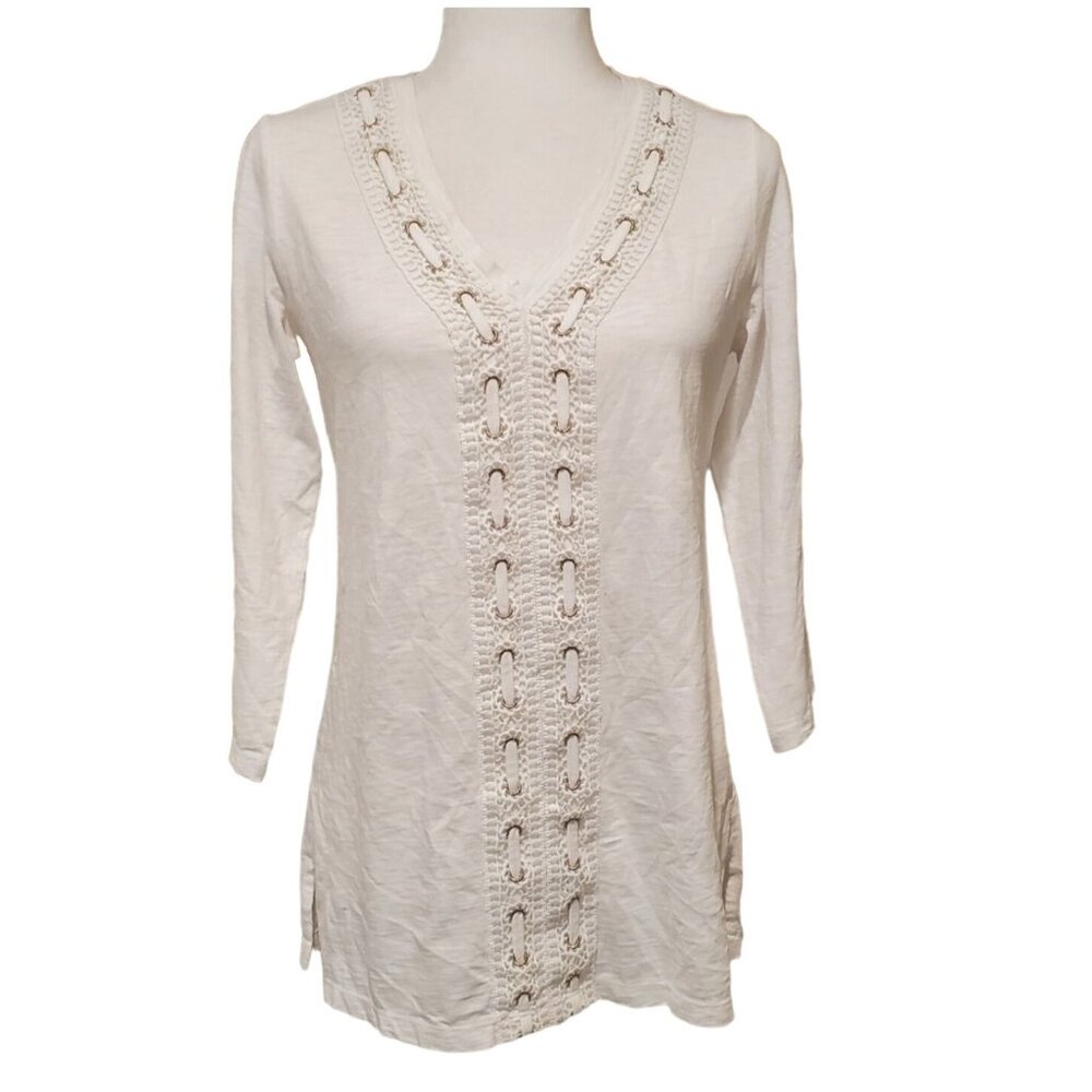 JM Collection White Crochet Trim V-Neck 3/4 Sleeve Tunic Top Small 100% Cotton